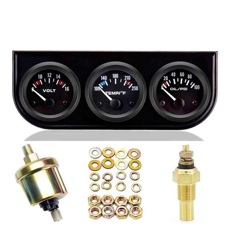 BLLYOGU 52mm 3-in-1 Car Gauge Kit - Voltage Meter, Water Temperature, and Oil Pressure Gauges - Auto Dashboard Triple Gauge Set for 12V Cars(Black) - Image 1